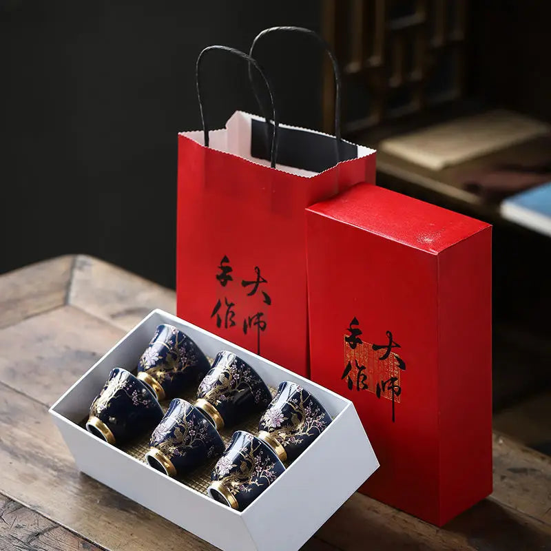 Ceramic Tea Cup Outline In Gold Teacup Chinese Kung Fu Master Cup Creative Personality Gift Box for Friends Tea Cup Set of 6