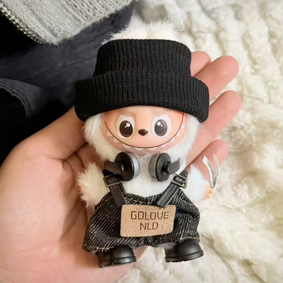 For Mini Labubu Pin For Love Black Bib Overalls Hairband V4 Doll Accessories Plush Doll Outdoor Keychain Lovely Outfit Toy Gifts