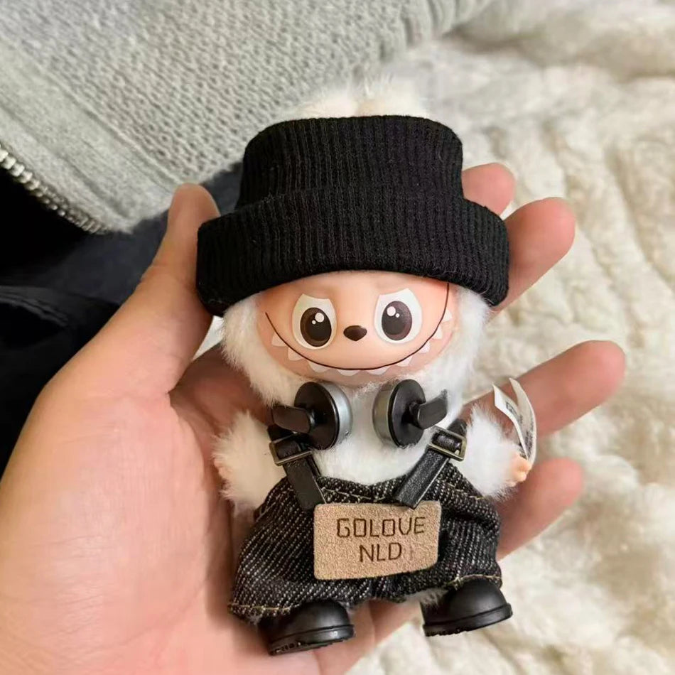 For Mini Labubu Pin For Love Black Bib Overalls Hairband V4 Doll Accessories Plush Doll Outdoor Keychain Lovely Outfit Toy Gifts