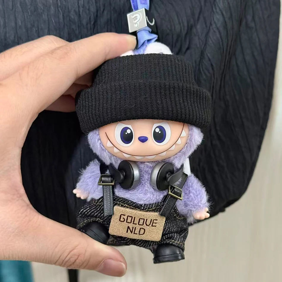 For Mini Labubu Pin For Love Black Bib Overalls Hairband V4 Doll Accessories Plush Doll Outdoor Keychain Lovely Outfit Toy Gifts