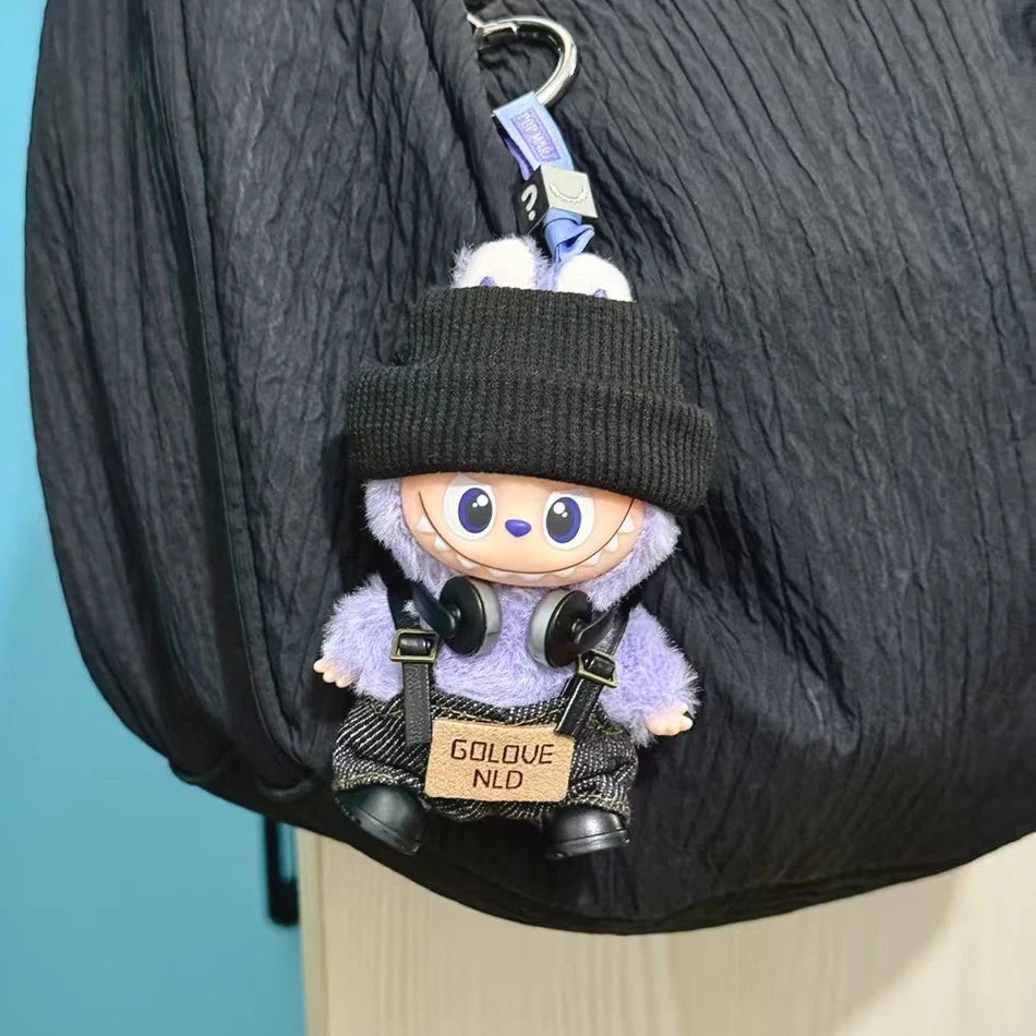 For Mini Labubu Pin For Love Black Bib Overalls Hairband V4 Doll Accessories Plush Doll Outdoor Keychain Lovely Outfit Toy Gifts