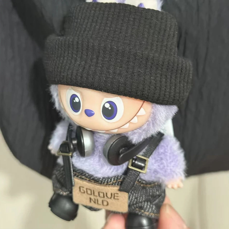 For Mini Labubu Pin For Love Black Bib Overalls Hairband V4 Doll Accessories Plush Doll Outdoor Keychain Lovely Outfit Toy Gifts