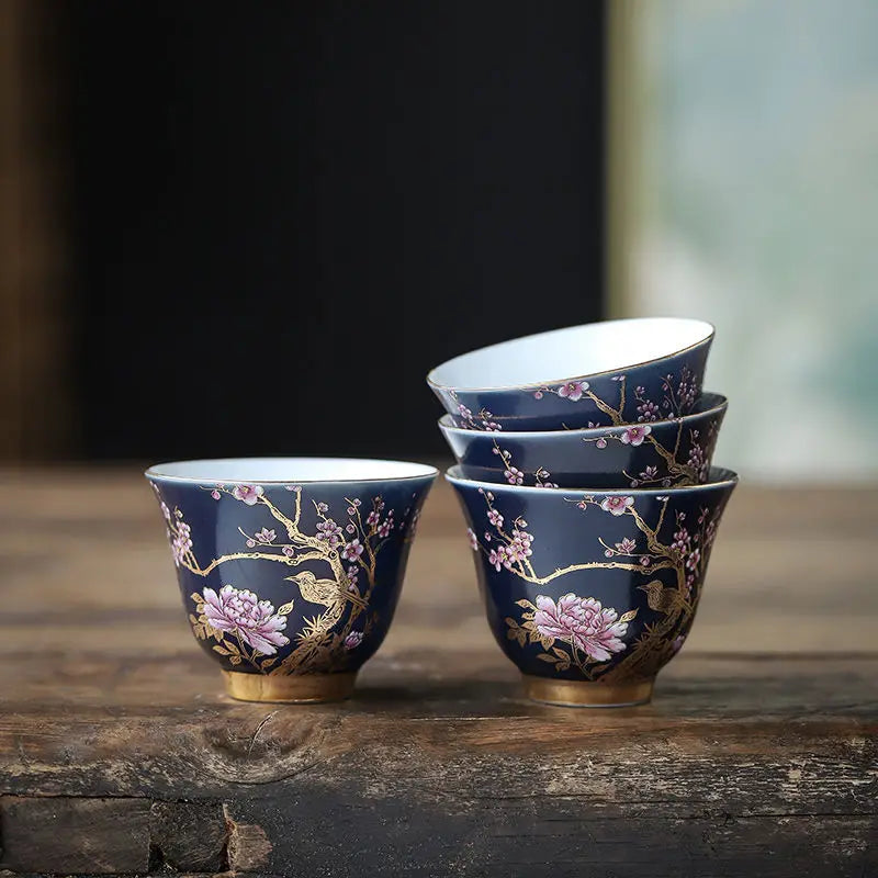 Ceramic Tea Cup Outline In Gold Teacup Chinese Kung Fu Master Cup Creative Personality Gift Box for Friends Tea Cup Set of 6