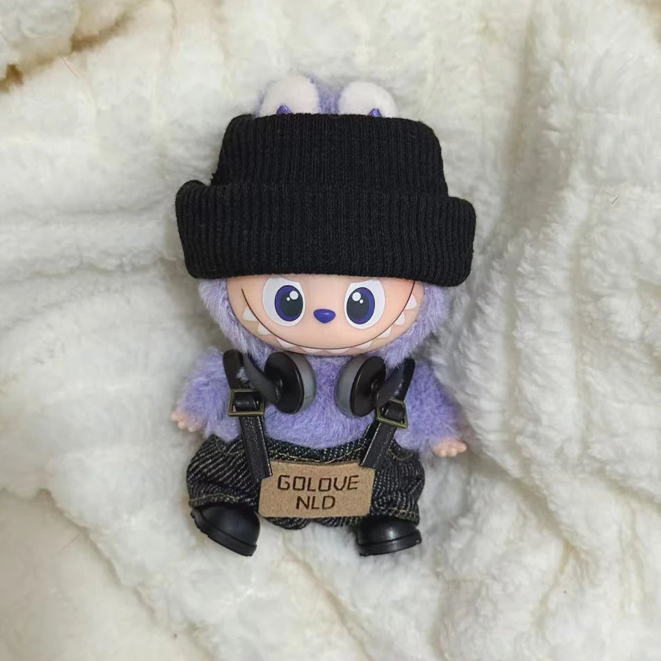 For Mini Labubu Pin For Love Black Bib Overalls Hairband V4 Doll Accessories Plush Doll Outdoor Keychain Lovely Outfit Toy Gifts