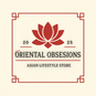 Logo of Oriental Obsessions with a red lotus flower on a beige background