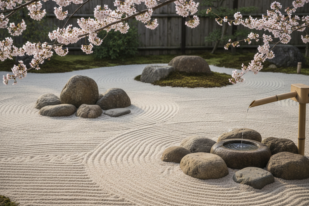 Zen Garden with Cherry Blossoms and Bamboo